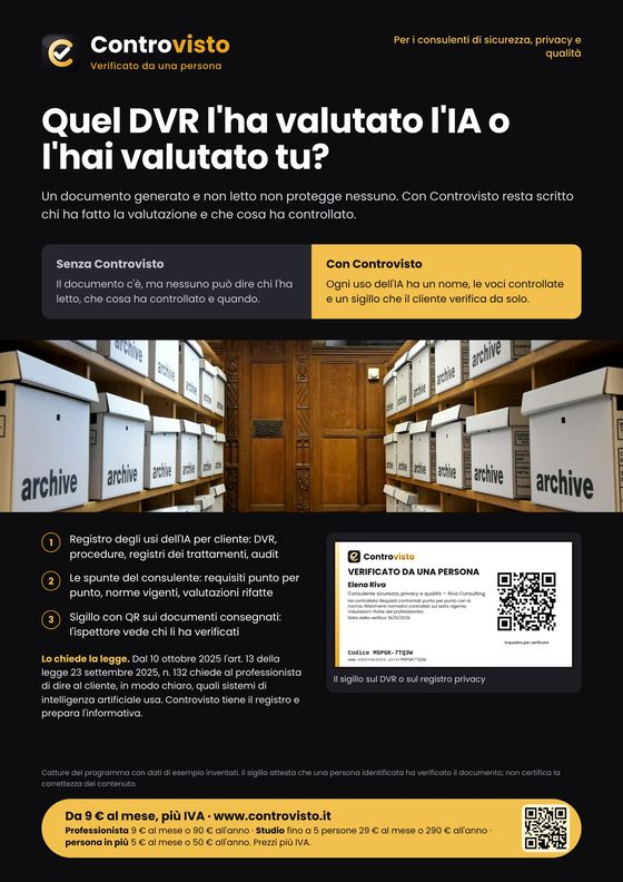 Locandina Controvisto per consulenti sicurezza, privacy e qualità